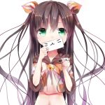  1girl :3 bell brown_hair covering_mouth green_eyes hair_ornament jingle_bell long_hair looking_at_viewer marker opopowa original simple_background solo twintails white_background 