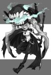  1girl bodysuit boots cane cape collar commentary_request fire gloves glowing glowing_eyes green_eyes highres kan_(aaaaari35) kantai_collection monochrome shinkaisei-kan short_hair teeth tentacles white_hair white_skin wo-class_aircraft_carrier 