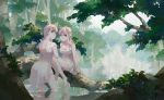  2girls back bare_shoulders barefoot branch breasts cleavage dress green_eyes grey_hair long_hair looking_back multiple_girls nature open-back_dress sitting smile tree water white_dress 