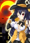  1girl absurdres bare_shoulders black_hair blush breasts cleavage crescent_moon hair_ornament halloween hat heart highres kiss kurozero long_hair looking_at_viewer moon neptune_(series) noire one_eye_closed pumpkin red_eyes ribbon solo twintails witch witch_hat 