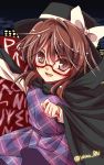  1girl brown_eyes brown_hair cape dress glasses hat hat_ribbon looking_at_viewer open_mouth purple_dress red-framed_glasses ribbon runes smile solo touhou usami_sumireko yamu_(reverse_noise) 