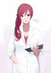  1girl alternate_hairstyle bangs bon_nob doctor hand_in_pocket labcoat long_hair looking_at_viewer love_live!_school_idol_project nishikino_maki older redhead side_ponytail solo violet_eyes 