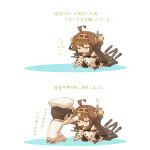  1boy 1girl =_= admiral_(kantai_collection) ahoge back bare_shoulders boots brown_hair cannon chibi closed_eyes crying detached_sleeves double_bun faceless faceless_male hairband half-closed_eyes hand_on_another&#039;s_head hand_on_head hat headgear highres itsukia japanese_clothes kantai_collection kongou_(kantai_collection) leg_hug long_hair machinery military military_hat military_uniform nontraditional_miko open_mouth peaked_cap petting ribbon-trimmed_sleeves ribbon_trim seiza sitting skirt smile streaming_tears tears thigh-highs thigh_boots translation_request uniform 