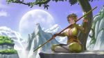  1girl breasts brown_eyes brown_hair cleavage clouds crossed_legs genderswap grin highres huge_breasts looking_at_viewer lvl_(sentrythe2310) monkey_girl monkey_tail moon mountain original polearm short_hair smile solo sun_wukong tree under_tree weapon 