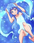  1girl barefoot blue blue_background blue_eyes blue_hair chocokin collarbone eyebrows happinesscharge_precure! henshin lingerie long_hair looking_at_viewer precure shirayuki_hime sidelocks signature smile solo thick_eyebrows toes twintails underwear 