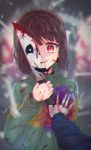  1boy absurdres androgynous blood blood_from_mouth bloody_clothes bloody_knife bloody_weapon brown_hair chara_(undertale) chromatic_aberration daikazoku63 evil_smile hand_on_another&#039;s_chest highres knife parted_lips red_eyes reflection sans skeleton smile spoilers striped striped_sweater sweater symbol-shaped_pupils tagme turtleneck undertale upper_body weapon 