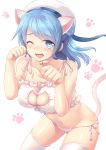  1girl animal_ears blue_eyes blue_hair cat_ears cat_lingerie cat_tail fang hat izumi_akane kantai_collection long_hair one_eye_closed smile solo tail thigh-highs urakaze_(kantai_collection) 