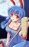  1girl animal_ears blood bloody_weapon blue_dress blue_hair braid breasts cleavage dress full_moon large_breasts long_hair looking_at_viewer mallet moon night open_mouth rabbit_ears red_eyes seiran_(touhou) sky smile solo touhou weapon yamu_(reverse_noise) 