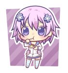  blush chibi eating food hair_ornament looking_at_viewer neptune_(choujigen_game_neptune) neptune_(series) plate purple_hair short_hair solo spoon spoon_in_mouth striped striped_legwear thigh-highs violet_eyes 