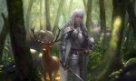  1boy antlers armor berserk blue_eyes breastplate cape deer feihuanjiang forest gauntlets griffith headwear_removed helmet helmet_removed highres long_hair nature plate_armor shade solo sword tree tree_shade wavy_hair weapon white_hair 