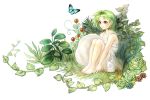  1girl bare_shoulders barefoot butterfly dress grass green_hair highres legs mouse original plant short_hair simple_background sitting solo sundress vines white_background yellow_eyes 