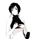  1girl belt black_hair chest_belt cinching_belt crop_top final_fantasy final_fantasy_vii headband highres hips looking_at_viewer midriff monochrome navel poaro ribbed_shirt shirt short_hair simple_background solo spot_color tank_top turtleneck white_background yuffie_kisaragi 