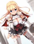  1girl armor bangs blonde_hair blue_eyes blunt_bangs blush breasts cape cleavage eto fingerless_gloves gauntlets gloves greaves hands highres long_hair looking_at_viewer original outstretched_hand pauldrons skirt smile solo sword weapon 