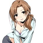  1girl blush bra breasts brown_eyes brown_hair cleavage collarbone collared_shirt earrings idolmaster idolmaster_cinderella_girls jewelry kawashima_mizuki long_hair necklace open_mouth purple_bra ruo_(cruzada) shirt smile solo unbuttoned_shirt underwear white_background 