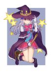  1girl boots bow broom closed_mouth gloves hat highres long_hair looking_at_viewer pio_(potion_maker) pointy_ears potion_maker purple_hair ribbon skirt solo violet_eyes white_gloves witch_hat 