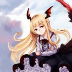  1girl blonde_hair collar collared_shirt frilled_collar frilled_skirt frills granblue_fantasy head_wings highres long_hair red_eyes shingeki_no_bahamut shirt skirt smile tail vampy you_steelo 