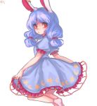  1girl animal_ears blue_dress blue_hair blush dress dress_lift long_hair looking_at_viewer low_twintails open_mouth puffy_sleeves rabbit_ears red_eyes seiran_(touhou) short_sleeves signature simple_background socks solo tis_(shan0x0shan) touhou twintails white_background white_legwear 