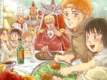  2girls 5boys apple armor arms_up banana basket belga_(hokuto_no_ken) blonde_hair blush bread buffet carrot chicken_leg child closed_eyes clouds cook cup eating facial_mark food forehead_mark fork formal fruit headband highres hokuto_no_ken jewelry knife lifting looking_at_viewer looking_away looking_down looking_up multiple_boys multiple_girls neckerchief nisejuuji open_mouth orange_hair plate pyramid rem_(hokuto_no_ken) rice salad sauce shiva_(hokuto_no_ken) short_hair shoulder_pads sitting smile soldier soup souther steak strawberry table throne tomato turban twintails 