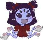  1girl :3 :d chibi cup extra_eyes fangs gyate_gyate hair_ribbon highres insect_girl muffet multiple_arms open_mouth pierre-luc_st-laurent puffy_short_sleeves puffy_sleeves purple_hair purple_skin ribbon short_sleeves short_twintails simple_background smile solo spider_girl tagme teacup teapot twintails undertale upper_body white_background 