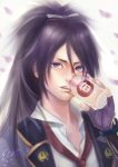  1boy bottle drinking ecat fingerless_gloves fudou_yukimitsu gloves highres male_focus milk milk_bottle necktie petals ponytail purple_hair touken_ranbu violet_eyes 