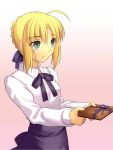  00s 1girl ahoge artoria_pendragon_(all) blonde_hair blouse braid fate/grand_order fate/stay_night fate_(series) green_eyes hair_ribbon migiha pink_background ribbon saber skirt solo type-moon valentine 
