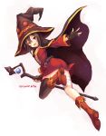  1girl :d bandaged_leg belt big_hat black_hair black_legwear cape fingerless_gloves full_body gloves hat heterochromia highres jumping kono_subarashii_sekai_ni_shukufuku_wo! looking_at_viewer looking_back megumin open_mouth orange_eyes orb red_eyes sasakawa_arumi short_hair signature simple_background single_thighhigh smile solo space staff thigh-highs tunic white_background wide_sleeves witch_hat zettai_ryouiki 