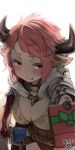  1girl animal_ears artist_name blush breasts cleavage clenched_teeth cow_ears cow_horns cross_earrings doraf earrings gift granblue_fantasy horns jewelry looking_at_viewer pine pink_hair red_eyes short_hair simple_background solo strum_(granblue_fantasy) sword teeth weapon white_background 