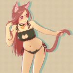  1girl animal_ears bell bell_choker blush breasts brown_hair cat_cutout cat_ear_panties cat_ears cat_lingerie cat_tail checkered checkered_background choker cleavage cleavage_cutout fukusuke_hachi-gou jingle_bell lips long_hair navel original panties shadow side-tie_panties smile solo tail underwear underwear_only violet_eyes 