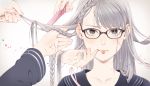  1girl bracelet braid comb earrings glasses grey_eyes hairdressing hand_on_another&#039;s_face highres jewelry kaisen long_hair looking_at_viewer original school_uniform serafuku silver_hair solo_focus 