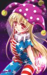  1girl american_flag_legwear american_flag_shirt blonde_hair clownpiece collar fire frilled_collar frills hat jester_cap long_hair pantyhose polka_dot red_eyes simple_background solo sparkle torch touhou very_long_hair yamu_(reverse_noise) 