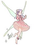 1girl ankle_ribbon bangs barefoot character_request detached_sleeves dress fairy fairy_wings flower frilled_dress frills full_body hair_flower hair_ornament himeou_to_saigo_no_kishidan long_hair looking_at_viewer official_art pointy_ears purple_hair red_eyes shoe-ji simple_background smile solo swept_bangs white_background wings 