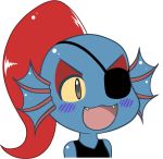  1girl :3 :d blue_skin chibi eyepatch eyeshadow fangs grey_eyes gyate_gyate head_fins makeup monster_girl open_mouth pierre-luc_st-laurent ponytail redhead shirt simple_background sleeveless sleeveless_shirt smile solo tagme undertale undyne upper_body white_background yellow_sclera 