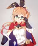  :o adjusting_glasses aqua_eyes belt blush brown_hair cape clarisse_(granblue_fantasy) glasses gloves granblue_fantasy grey_background long_hair looking_at_viewer open_mouth ponytail ribbed_sweater simple_background sweater taiyaki_(astre) upper_body white_sweater 