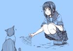  1girl cat fubuki_(kantai_collection) kantai_collection kouji_(campus_life) low_ponytail school_uniform serafuku solo squatting 