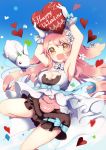 1girl ameshizuku_natsuki animal_ears blush breasts cleavage fang flower hair_flower hair_ornament happy_valentine heart holding large_breasts looking_at_viewer open_mouth original pillow pink_hair rabbit rabbit_ears ribbon smile solo valentine yellow_eyes 