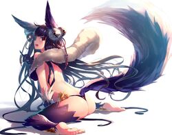  1girl ahoge animal_ears ass back bangs bare_back bare_shoulders barefoot bell between_legs black_bra black_gloves black_hair black_panties blunt_bangs bra breasts detached_pants fang fox_ears fox_shadow_puppet fox_tail from_behind full_body fur gloves granblue_fantasy hair_bell hair_ornament hair_ribbon hand_between_legs highres jingle_bell kumashou_(nabeyama_kaidou) large_breasts long_hair looking_at_viewer looking_back open_mouth panties purple_hair red_eyes red_ribbon ribbon shadow shawl simple_background sitting smile soles solo tail thong underwear very_long_hair wariza white_background yuel_(granblue_fantasy) 