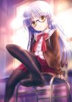  1girl absurdres alternate_costume angel_beats! bespectacled chair glasses goto_p highres long_hair pantyhose school_uniform silver_hair sitting tachibana_kanade yellow_eyes 