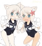  2girls animal_ears blonde_hair blue_eyes cat_ears crop_top dual_persona edel_(edelcat) fang flower gloves hair_flower hair_ornament highres kantai_collection multiple_girls one-piece_tan paw_gloves ro-500_(kantai_collection) ro-500_(kantai_collection)_(cosplay) sailor_collar school_swimsuit swimsuit swimsuit_under_clothes tan tanline u-511_(kantai_collection) 