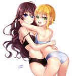  2girls :3 black_bra black_panties blonde_hair blue_eyes blush bra breasts brown_hair cleavage green_eyes highres hug ichinose_shiki idolmaster idolmaster_cinderella_girls long_hair looking_at_viewer miyamoto_frederica multiple_girls navel open_mouth panties short_hair smile songmil underwear underwear_only white_bra white_panties yuri 