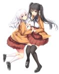  2girls :d black_hair black_legwear blue_eyes breasts brown_eyes fueru_nattou highres holding_hands loafers long_hair looking_at_viewer multiple_girls open_mouth original pleated_skirt ribbon school_uniform shoes simple_background skirt smile thigh-highs twintails white_background white_hair white_legwear 