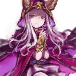  1girl animal_ears cloak granblue_fantasy hood hooded_cloak ikuhana_niiro long_hair looking_at_viewer parted_lips purple_hair red_eyes simple_background skasaha_(granblue_fantasy) solo white_background 