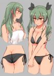  1girl alternate_hairstyle anchovy ass bikini black_bikini black_ribbon breasts brown_eyes camisole cleavage commentary cowboy_shot drill_hair from_side girls_und_panzer green_hair grey_background hair_down hair_ribbon hands_together highres kento1102 long_hair navel ribbon side-tie_bikini sketch solo standing swimsuit twin_drills twintails upper_body 