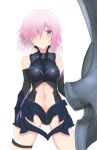  1girl armor bare_shoulders blush breasts elbow_gloves fate/grand_order fate_(series) frown gloves hair_over_one_eye highres impossible_clothes kesoshirou navel navel_cutout pink_hair shield shielder_(fate/grand_order) short_hair solo thigh_strap violet_eyes 
