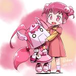  1girl 2015 blush_stickers child dated full_body happy_robo heart heart-shaped_pupils highres hoshizora_miyuki isedaichi_ken pink_eyes pink_hair precure robot short_hair short_twintails skirt smile smile_precure! socks standing symbol-shaped_pupils twintails younger 