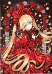  1girl aqua_eyes blonde_hair blue_rose capelet chocolate chocolate_heart dated dress flower happy_valentine hat heart lolita_fashion long_hair looking_at_viewer marker_(medium) mosho red_dress red_rose rose rozen_maiden shinku signature solo traditional_media twintails very_long_hair 
