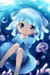  1girl aikei_ake barefoot bloomers blue_eyes blue_hair blush bubble child dress hat jellyfish legs long_sleeves original personification short_hair smile solo tentacle_hair underwater underwear water 