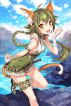  1girl animal_ears arm_strap artist_request bandages boots braid cat_ears cat_tail character_request collar copyright_request fang floating_hair green_hair leg_lift long_hair looking_at_viewer ocean open_mouth orange_eyes outdoors solo tail thigh_strap water 