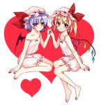  2girls absurdres barefoot bat_wings blonde_hair bloomers blue_hair blush camisole crystal flandre_scarlet full_body hat hat_ribbon heart highres holding_hands looking_at_viewer mob_cap multiple_girls nail_polish off_shoulder pointy_ears red_eyes remilia_scarlet ribbon short_hair siblings side_ponytail sisters sitting sleeveless smile touhou underwear vanilla_(miotanntann) white_background wings 