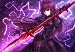 1girl bodysuit breasts fate/grand_order fate_(series) gae_bolg long_hair polearm purple_hair red_eyes scathach_(fate/grand_order) shingo_(picturepuzzle) sketch solo spear weapon 