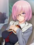  :&lt; black-framed_glasses book bookshelf breasts dom eyes_visible_through_hair fate/grand_order fate_(series) glasses gundam gunpla hair_over_one_eye hands_clasped hood hoodie impossible_clothes impossible_shirt looking_at_viewer mobile_suit_gundam necktie netlk pink_hair shield shielder_(fate/grand_order) shiny shiny_hair shirt short_hair violet_eyes 